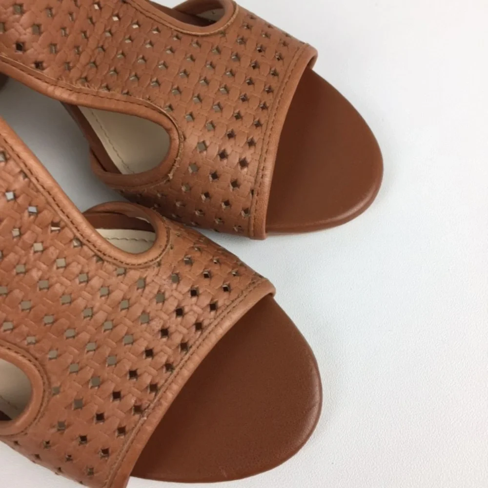 Vince Camuto Womens Brown Woven Leather Peep Toe Sandal Cone Heel size 10